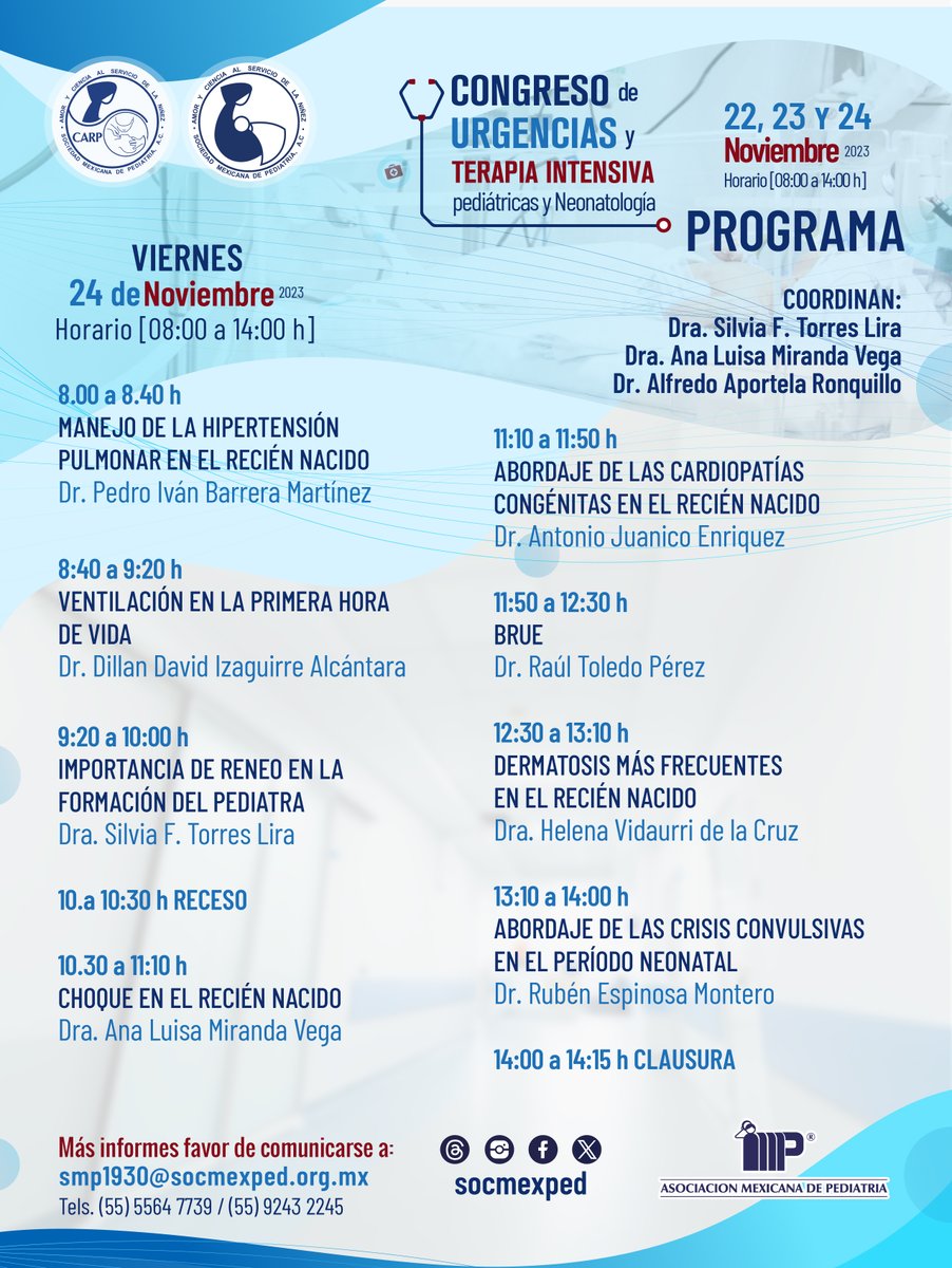 SocMexPed's tweet photo. Te invitamos a consultar el programa del Congreso de urgencias y terapia intensiva pediátricas y Neonatología. 
Evento híbrido. Profesores Titulares: Dr. José Luis Pinacho Velázquez / Dr. Manuel Ángel Correa Flores
🟡Inscripción en: https://t.co/FY5Fiw8PBY
#congresossmp https://t.co/42g7xyIkeS