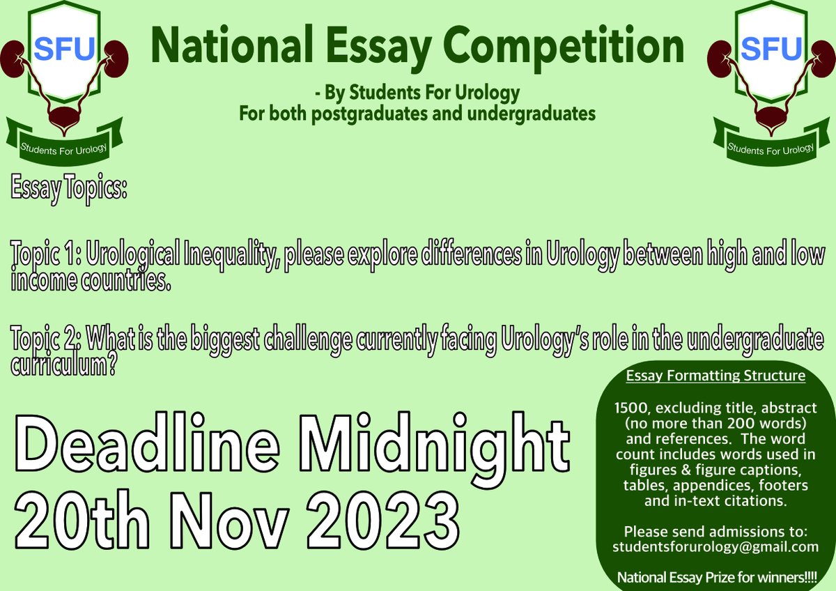 uk_SFU's tweet photo. National Essay Competition for both undergraduates and postgraduates - details as per advert. 

A great way to show commitment to specialty!
Any questions feel free to PM this account

Deadline: Nov 20th Midnight
Best of luck!!! https://t.co/irlPBPNqCs