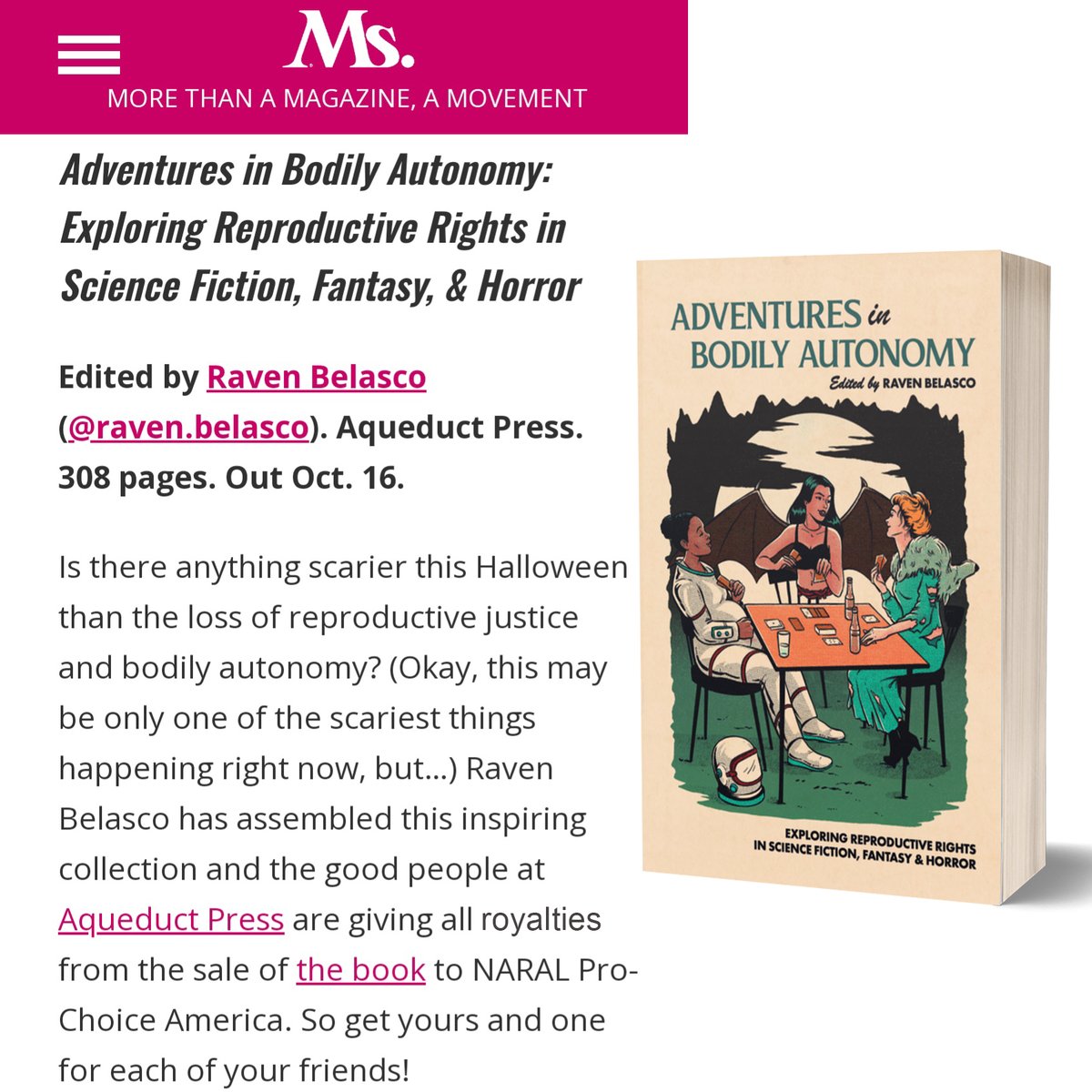 Today is release day for ADVENTURES IN BODILY AUTONOMY, a charity anthology to benefit NARAL, featuring (among many fabulous others) my Year's-Best reprinted story 'Bullet Point.' linktr.ee/adventuresinau…