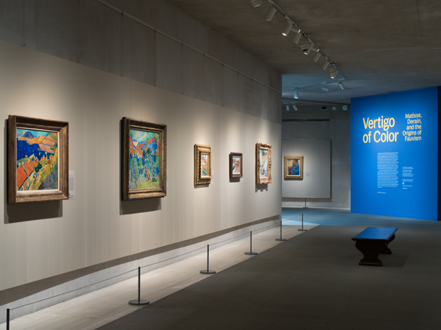 A dimly light gallery with bright, colorful Fauvist paintings on view. A shiny wooden bench sits in front of the paintings. At back, a large blue wall reading "Vertigo of Color." 