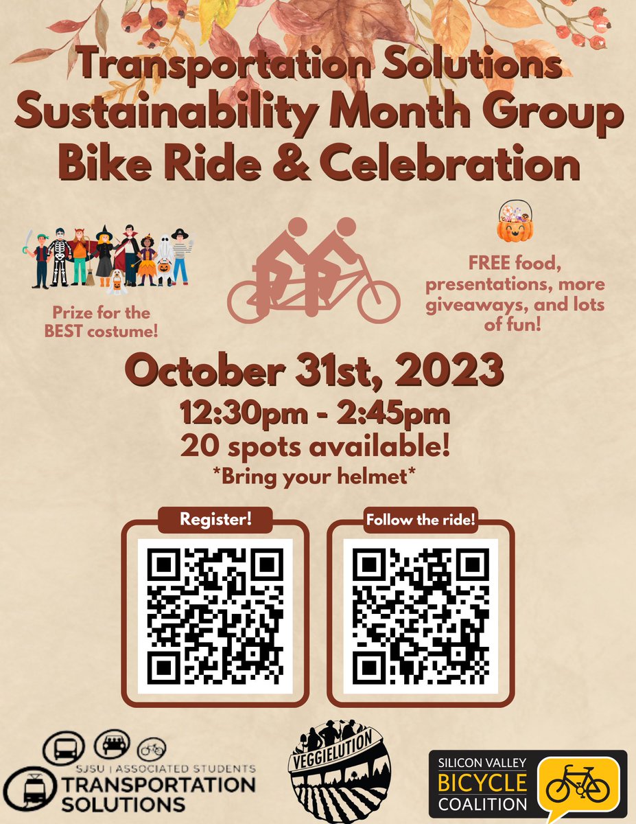🚴‍♂️Join us for a fun-filled Campus Sustainability Month event! 🌍🌟 Get ready to pedal with us as we embark on a Group Bike Ride, enjoy lunch, and learn about sustainability efforts by Veggielution and SVBC. Don't miss out on the chance to win amazing prizes!