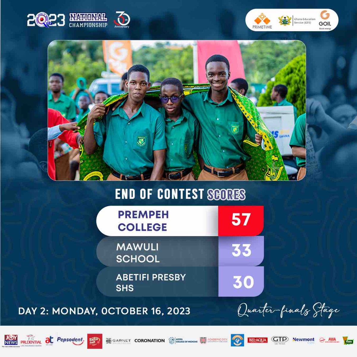 GprGhana's tweet photo. #NSMQ2023: Opoku Ware School, Pope John SHS & Min. Sem. & Prempeh College progress to the Semi-final stage.
Prempeh College bags the highest point of the day with 53 Point.
⚪ Day 2 Results ⬇️
#PrempehCollege #OpokuWare #PopeJohn
#NSMQQuarters
#GhanaPressRelease https://t.co/UwezhhUlvB