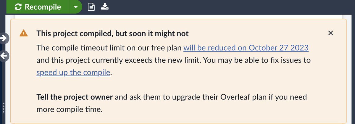 juanan's tweet image. 🚨 Heads up, #Overleaf users! The compile timeout limit for free plans is set to decrease on October 27, 2023.