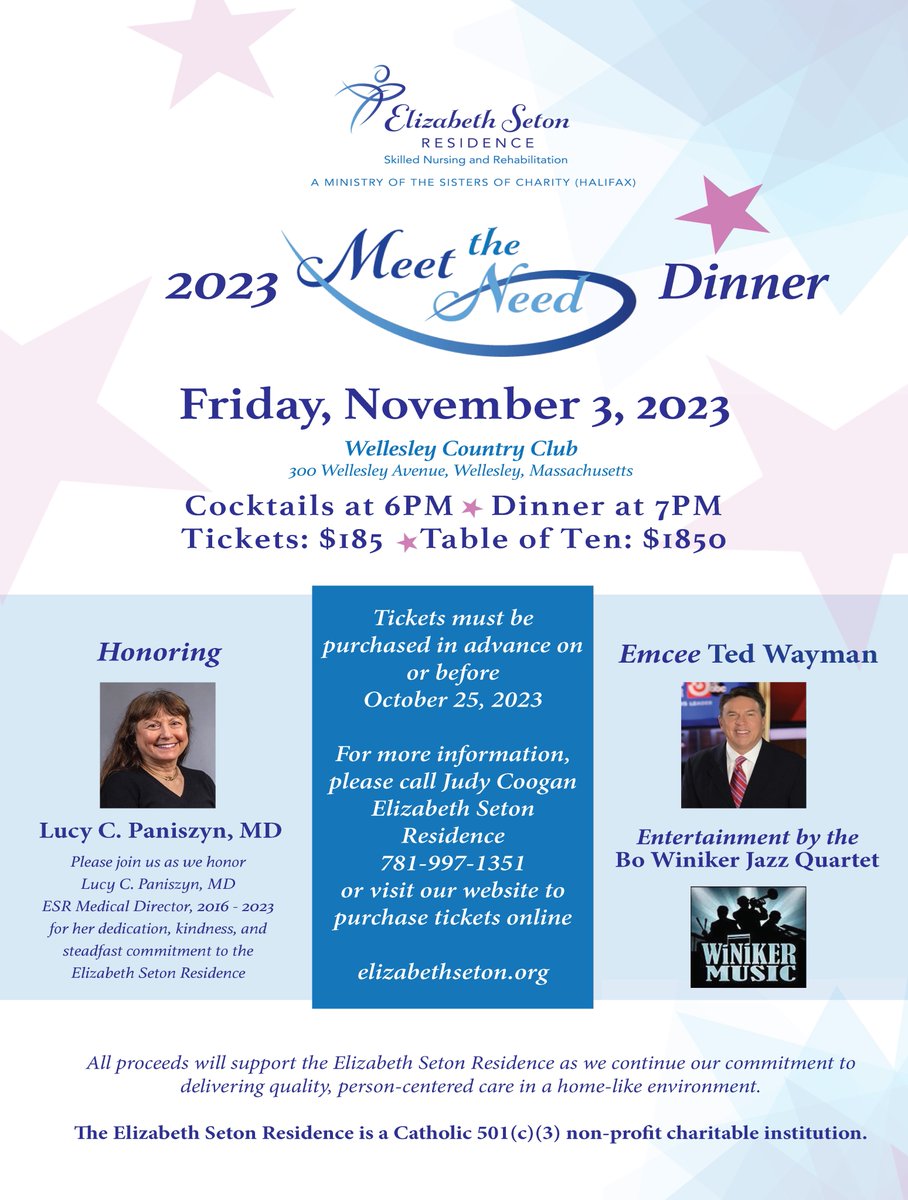 ESResidence's tweet image. Please join us for our 2023 Meet the Need Dinner on Friday, November 3rd at the Wellesley Country Club!
elizabethseton.org/2023-mtn-dinne…