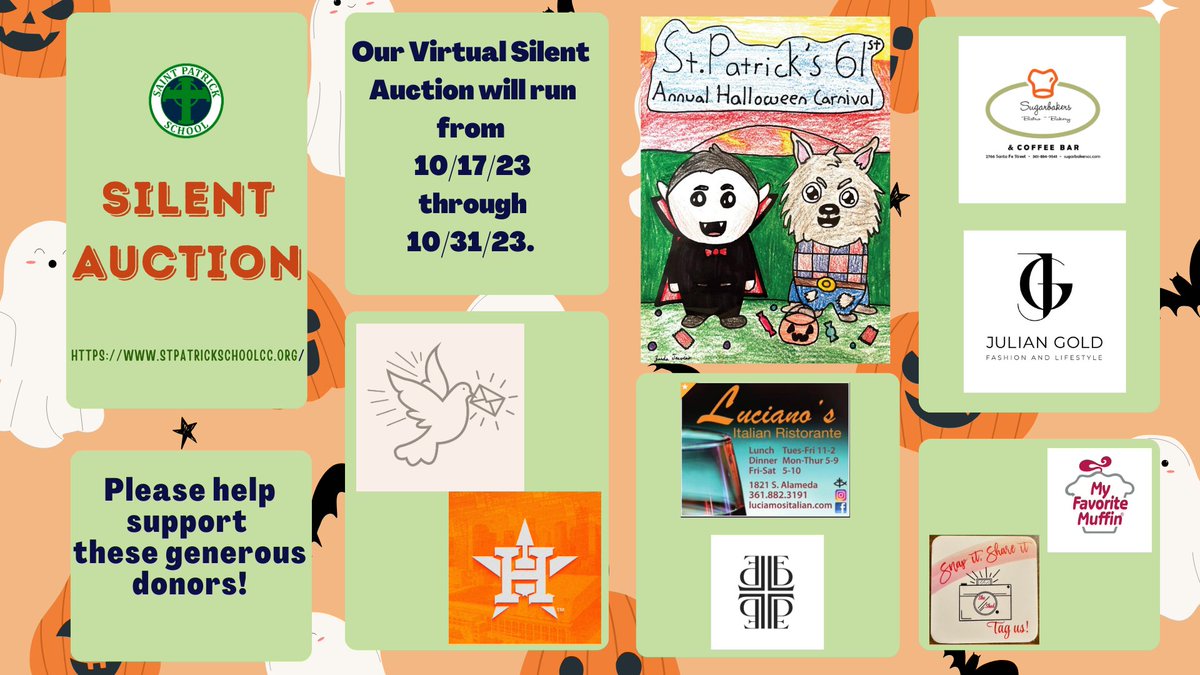 StPatrickCCTX's tweet photo. Please help us SUPPORT and THANK these businesses that have generously donated to our Silent Auction!
SAVE THE DATES: HALLOWEEN VIRTUAL AUCTION. The link for the Online Auction will be posted tomorrow morning, October 17th at 8AM . https://t.co/8t5lUkulUw