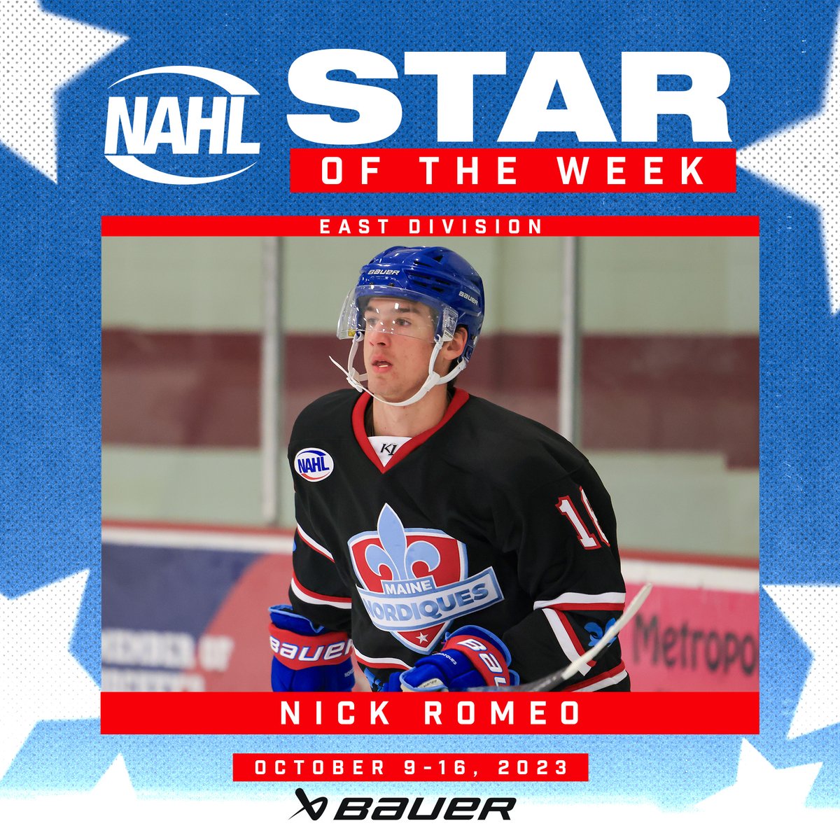 NAHLHockey's tweet photo. #NAHL @BauerHockey East Division Star of the Week for October 9-16: Nick Romeo, Forward, @MaineNordiques https://t.co/8mR80lKJLb https://t.co/gbbJRaU97k