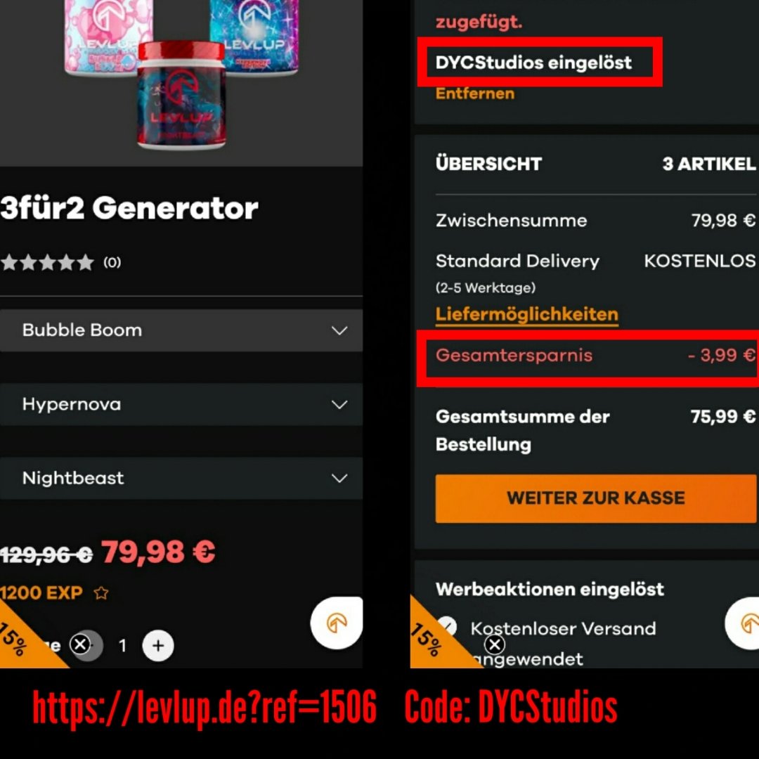 DYCStudios212's tweet image. For my fans who drink #LevlUp. Use my #Gutschein/#RabbatCode to save on your next order from #LevlUpDE.
👾👾👾
LINK:
levlup.de/?ref=1506
🎮🎮🎮
CODE:
DYCStudios