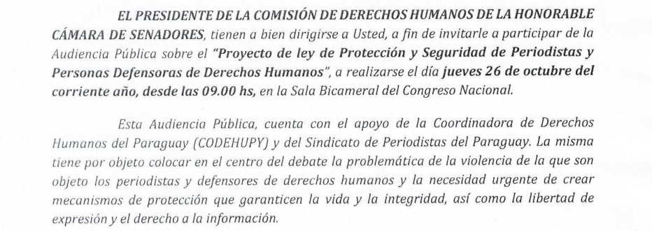 Hacemos una invitación extensiva a todos los trabajadores de la comunicación a que participen de la audiencia pública sobre la Ley de Protección a Periodistas y Defensores/as de DDHH.  La convocatoria abierta está fijada para el próximo miércoles 26 a las 9 h.