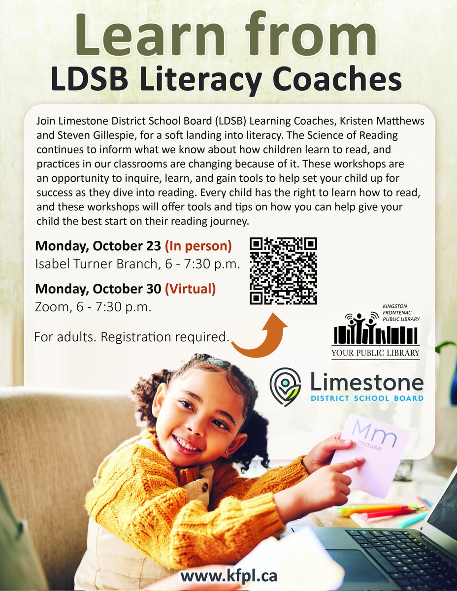 Do you have community members and caregivers who are interested in learning more about how to support their child in reading? Check out these two opportunities, hosted by <a href="/KFPL/">Kingston Frontenac Public Library</a> &amp; featuring <a href="/LimestoneDSB/">Limestone District School Board</a>'s very own <a href="/MrsMatthewsLDSB/">Kristen Matthews</a> &amp; <a href="/MrGillespieLDSB/">Steven Gillespie</a>.  Sure to be great sessions!