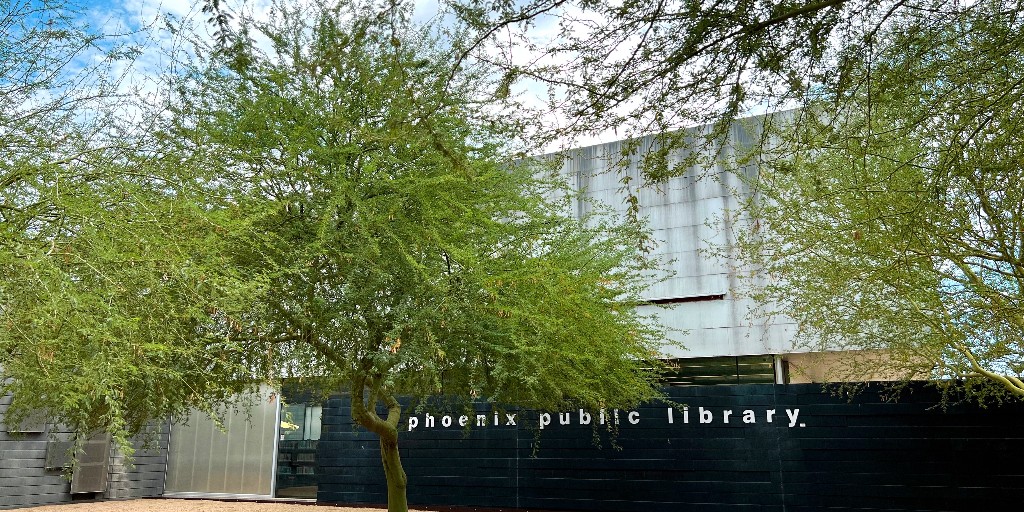 PhxLibrary's tweet photo. It's a great time to explore the Valley! ☀️ Why not discover a different #PhoenixPublicLibrary location? Visit the unique, award-winning architecture of our library buildings in south Phoenix. Check it out. Visit us! https://t.co/EqSvZJ6I4m #HarmonLibrary #JustReadPPL #PHX https://t.co/6IcbfwynVP