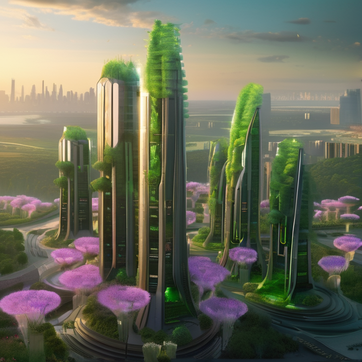 TMRWradio's tweet photo. Bioengineered forests amplified carbon capture, drone-bees regenerated wild blooms, oceans sparkled with bio-luminescent algae farms. Eco-skyscrapers stood tall - the marvel of reforestation. Our past dusted off, Humanity swept with a green revolution! Simplicity in Harmony. https://t.co/Ia83zl6WrH