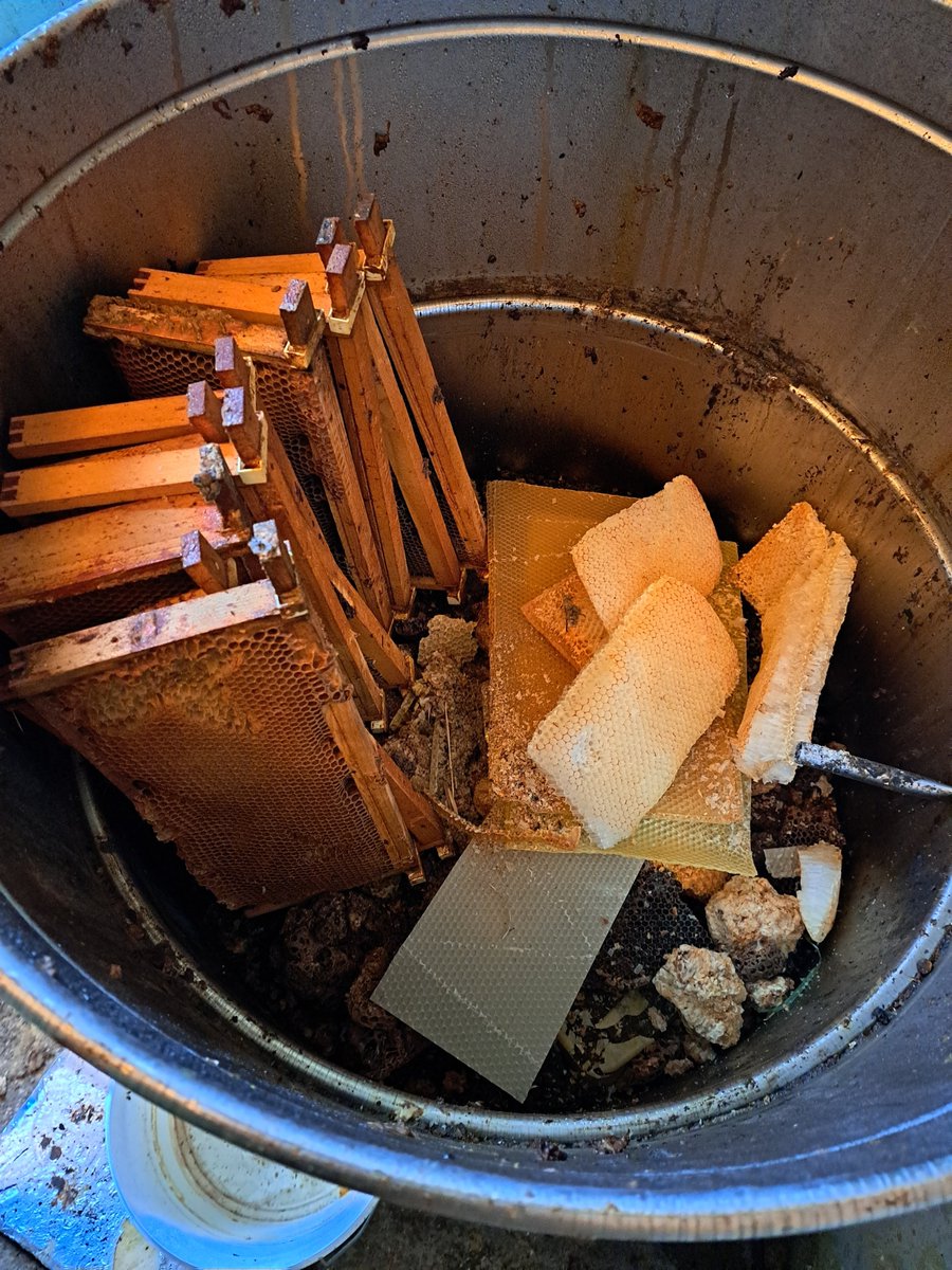 TheBeeFarmer's tweet photo. I had a very productive day at the depot. The winter business of making up supers has begun and the rendering of #beewax. This is the raw material for #polishes, #Candles  and #balms. Refilling the wax extractor for the 3rd time. https://t.co/0AytZEu5tO
