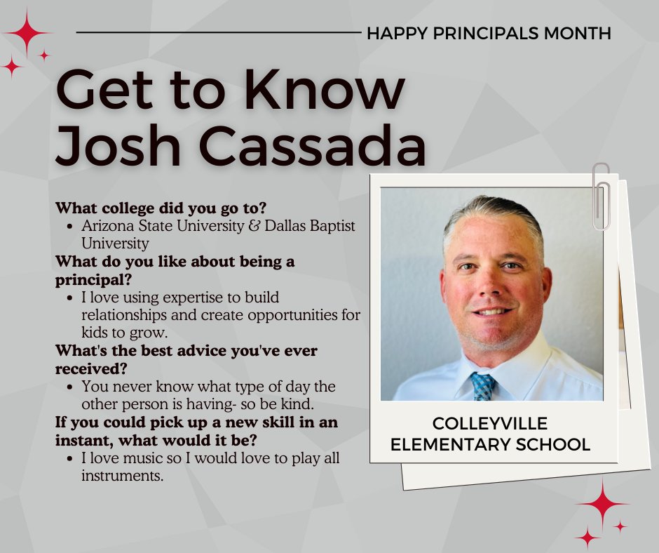 Grapevine-Colleyville ISD (@gcisd) on Twitter photo We are kicking off the Principals Month highlight for this week by introducing you to Mr. Cassada from <a href="/CESCowboys/">Colleyville Elementary School</a>. The best advice he has received is that you never know what type of day the other person is having, so be kind. Thank you, Mr. Cassada, for all you do! #WeAreGCISD We are kicking off the Principals Month highlight for this week by introducing you to Mr. Cassada from <a href="/CESCowboys/">Colleyville Elementary School</a>. The best advice he has received is that you never know what type of day the other person is having, so be kind. Thank you, Mr. Cassada, for all you do! #WeAreGCISD
