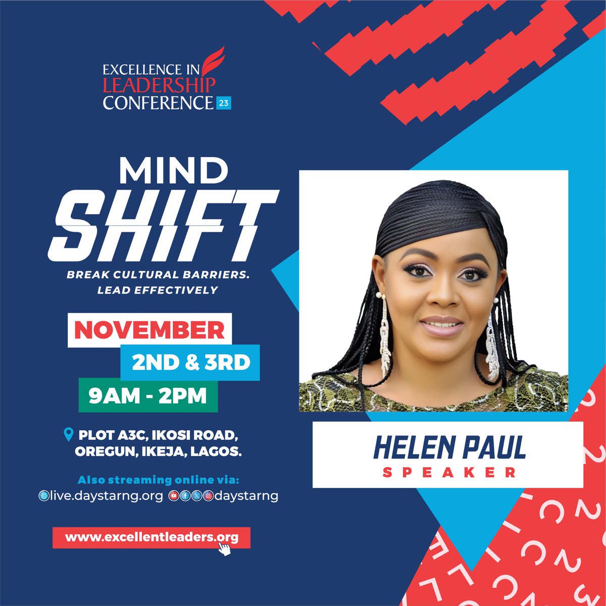DaystarNG's tweet photo. Meet Our #ELC2023 Speaker

@itshelenpaul 

Helen Paul is a thespian, an entertainer, actress, comedian, and college professor. She is the Founder of Helen Paul Theater and Film Academy. 

She bags a Ph.D. in Theater Arts from the University of Lagos. She was appointed HOD of Arts, Music, and Entertainment at Heart International University, USA. 

You can’t afford to miss this opportunity to reshape your leadership values at #ELC2023 

#Mindshift