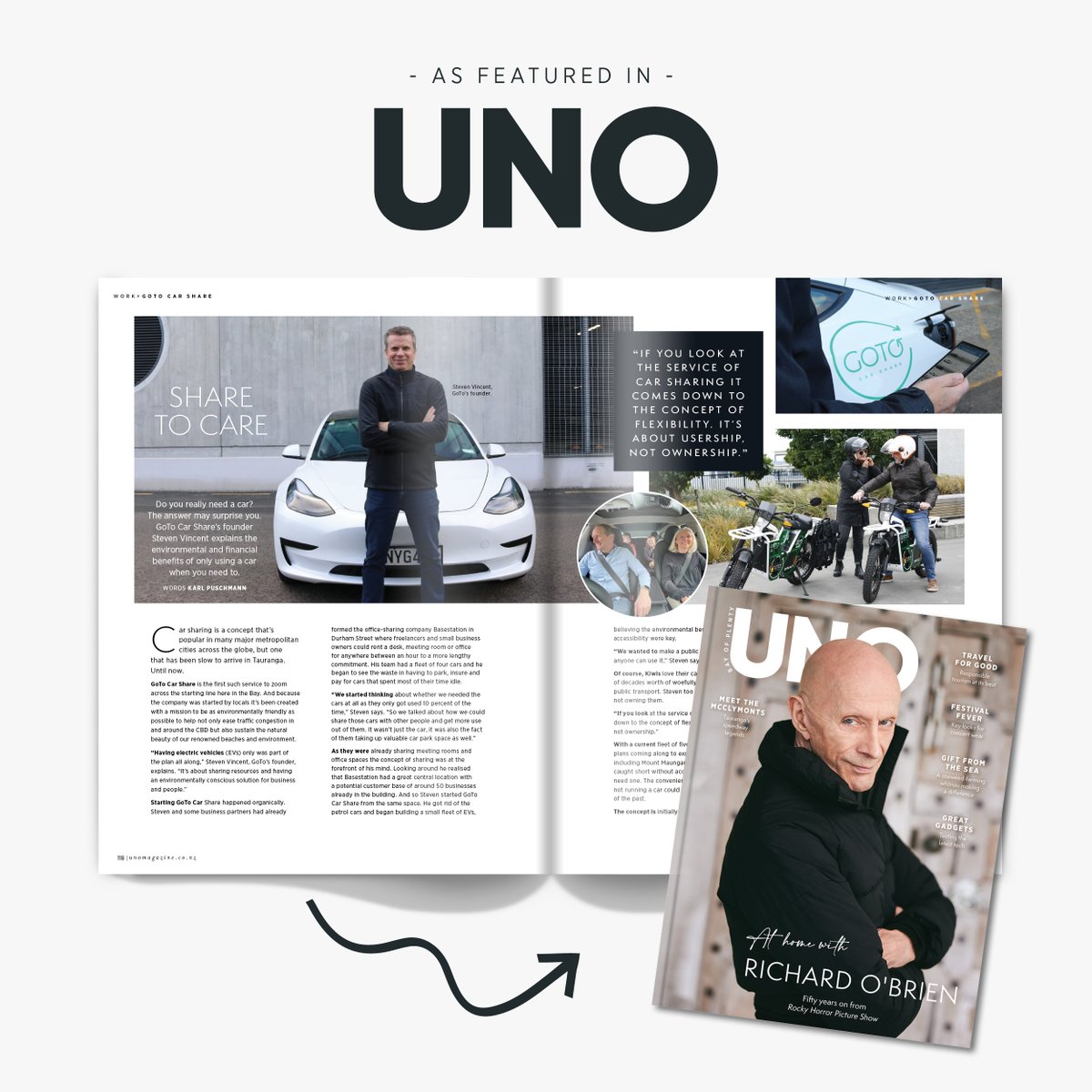 This month we are featured in UNO Magazine.  Read the interview with Steven, our Founder, on his goals for #CarSharing #EVs and how we should be considering #UsershipNotOwnership to solve our inner city transportation issues.