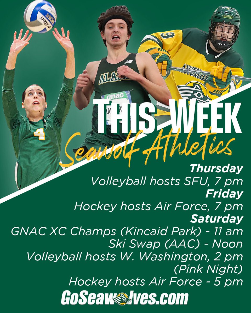 BUSY WEEK in Seawolf Athletics. Volleyball and hockey both at home, cross  country hosting the GNAC Championships at Kincaid and the ski swap taking place Saturday.