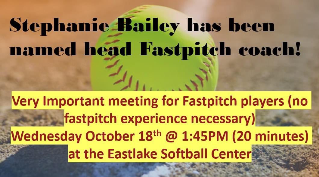 EastlakeFP's tweet photo. We are thrilled that Stephanie Bailey is back as head coach for Eastlake! Stephanie stepped down as head coach after the 2021 season, and we are so happy she has decided to return to coach our talented group of players! 
Meeting scheduled for this Wed 1:45 at the Softball Center! https://t.co/NySyPyCvIG