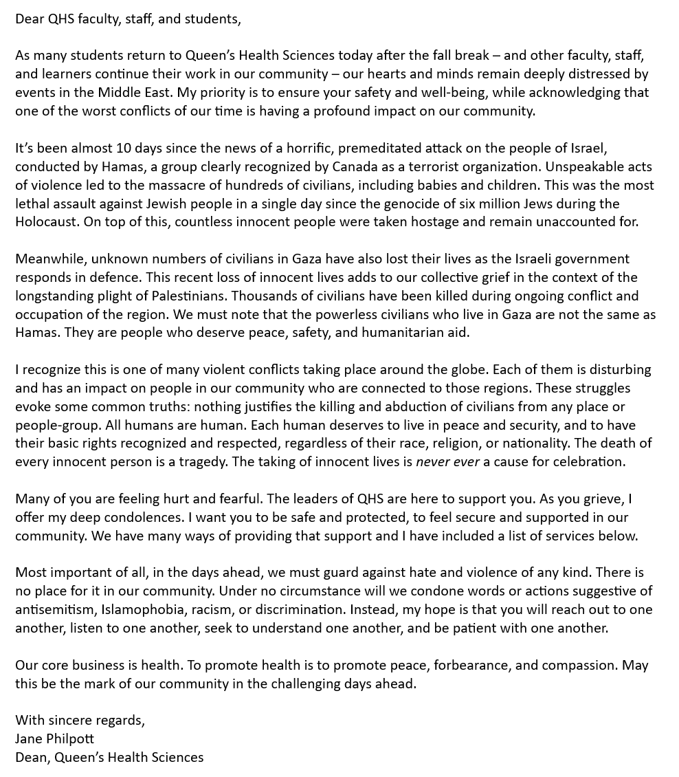 Jane Philpott (@janephilpott) on Twitter photo Here's the msg I sent to <a href="/QueensUHealth/">Queen's Health Sciences</a> today. Nothing justifies the killing or abduction of civilians from any place or people-group.🫂Each human deserves to live in peace & security, to have their rights recognized & respected, regardless of race, religion, or nationality...🙏 Here's the msg I sent to <a href="/QueensUHealth/">Queen's Health Sciences</a> today. Nothing justifies the killing or abduction of civilians from any place or people-group.🫂Each human deserves to live in peace & security, to have their rights recognized & respected, regardless of race, religion, or nationality...🙏