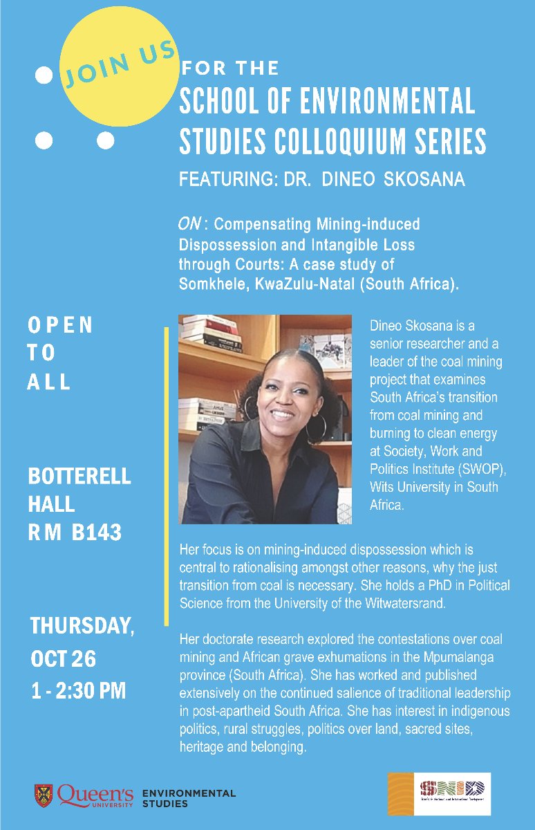 Join us for our next colloquium series talk on Oct 26 at 1pm. Visiting scholar Dineo Skosana will speak on mining in South Africa