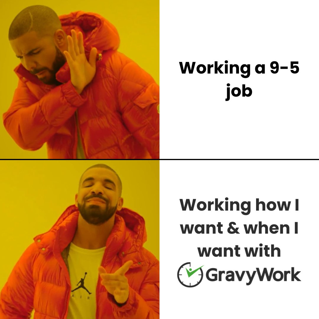 9-5 vs. GravyWork: Spot the difference! 😆 Flexible schedules, endless opportunities, and a world of possibilities await. Join us in reshaping the way we work! 🌟 #GigEconomy #WorkYourWay