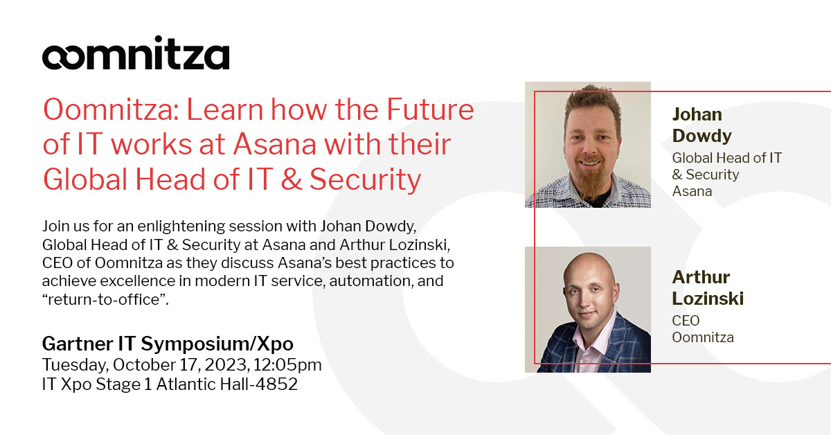 EricJFeldman's tweet photo. #GartnerSYM: Join #Oomnitza on 10/17, 12 pm ET in Atlantic Hall, Stage 1 for a session with Johan Dowdy, Asana's Global Head of IT &amp; #Security and Oomnitza's CEO Arthur Lozinski. Also, visit booth 442 during the IT Xpo Networking receptions for a personalized caricature drawing. https://t.co/rRWX8vsp44