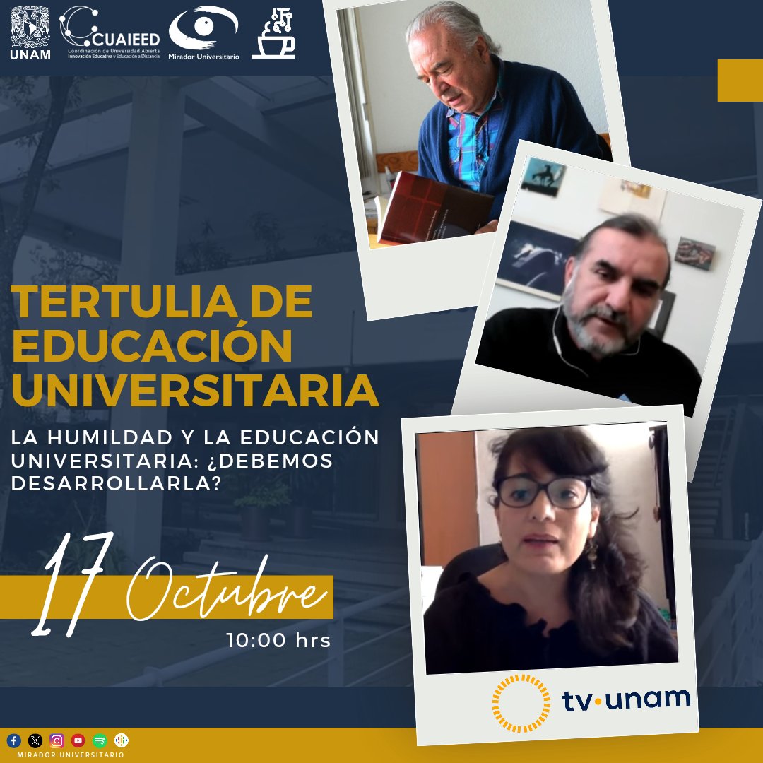 Mañana por <a href="/tvunam/">TV UNAM</a> a las 10:00, acompañanos analizar el concepto de la #humildad y sus
implicaciones en educación universitaria para estudiantes
docentes e instituciones

🔴 También por #YouTube:
youtu.be/nS6AAiEulNs?si…

<a href="/UNAM_MX/">UNAM</a> @cuaieedunam <a href="/filos_unam/">Filosofía y Letras UNAM</a> <a href="/UNAM_IIFs/">I.I.Filosóficas • UNAM</a> <a href="/SUAyED_FFyL/">SUAyED FFyL UNAM</a>