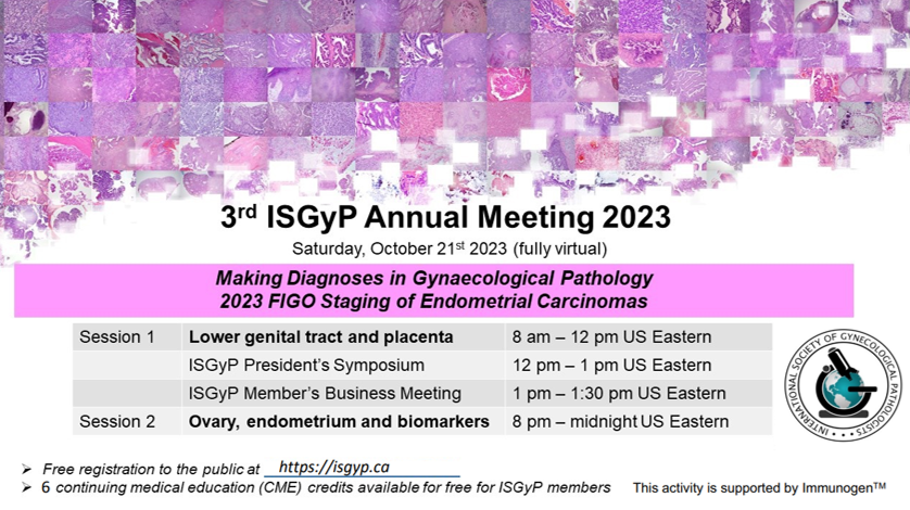 Join the virtual 3rd ISGyP Annual Meeting "Making diagnoses in gynaecological pathology 2023 FIGO staging of endometrial carcinomas", Oct 21, for free! Expert lectures in #gynpath Open to all pathologists &amp; trainees. Register @ us02web.zoom.us/webinar/regist…