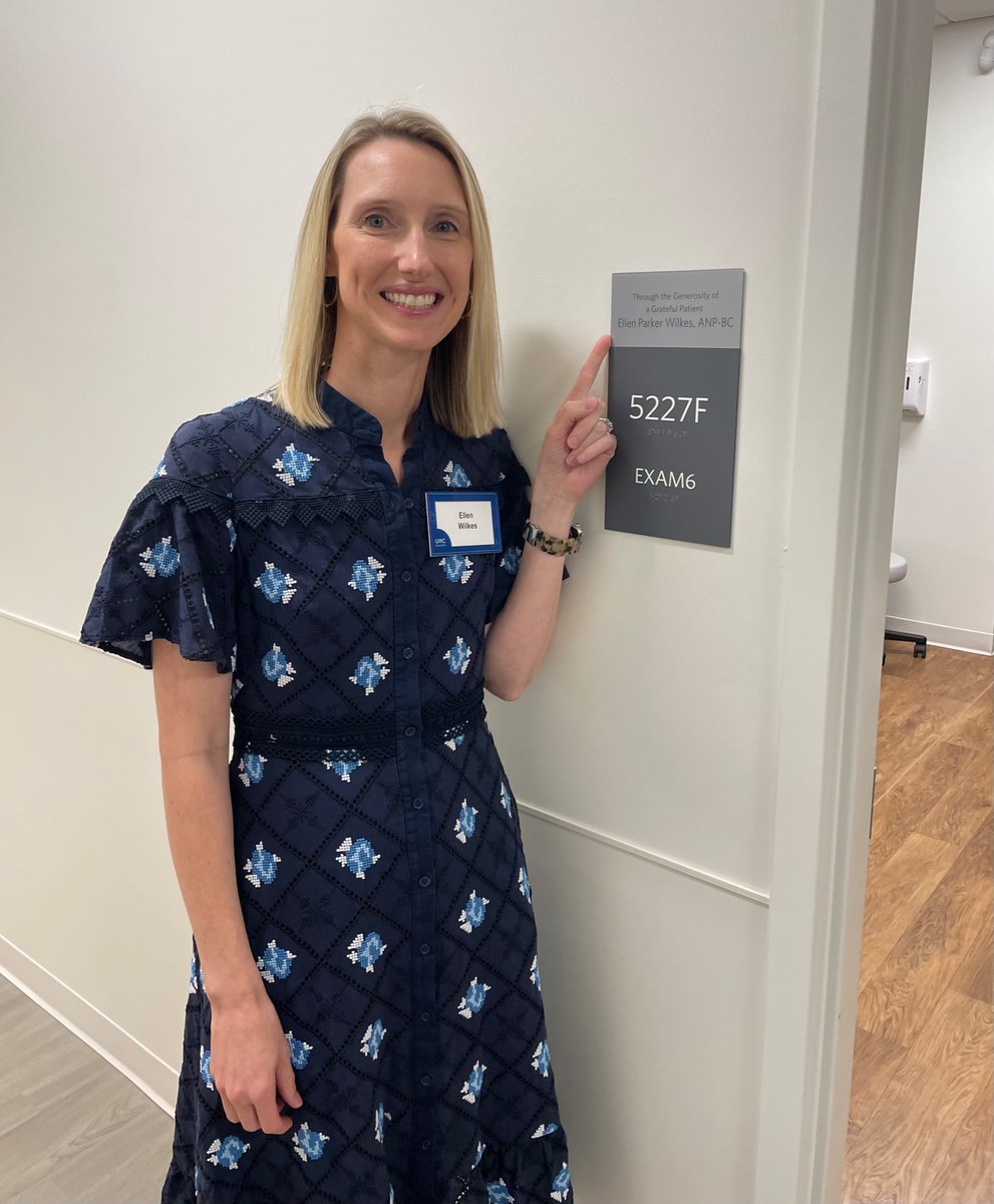 UNCDeptMedicine's tweet photo. Ellen Wilkes was honored by a patient she cared for when she started 13 years ago and now has a room in Roper Hall named after her! The plaque reads, "Through the generosity of a grateful patient in honor of Ellen Parker Wilkes, ANP-BC." https://t.co/rRX4Rt3lBD