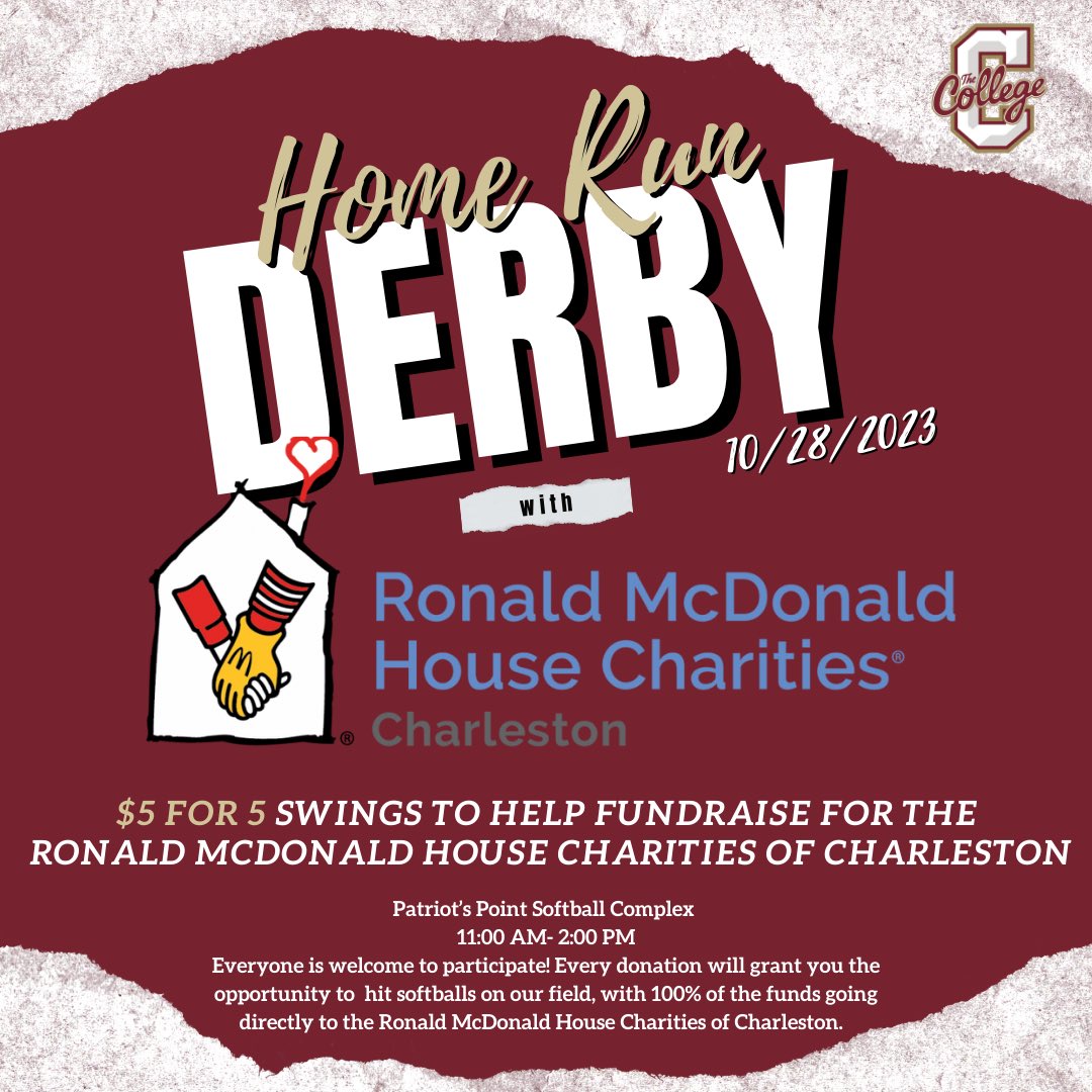 Have you ever wanted to hit on a college softball field? If so, Saturday, October 28th is your chance! Join us to help raise money for the Ronald McDonald House of Charleston. For every $5 donation, you will get to hit 5 softballs from home plate of our Stadium. ❤️💛🥎