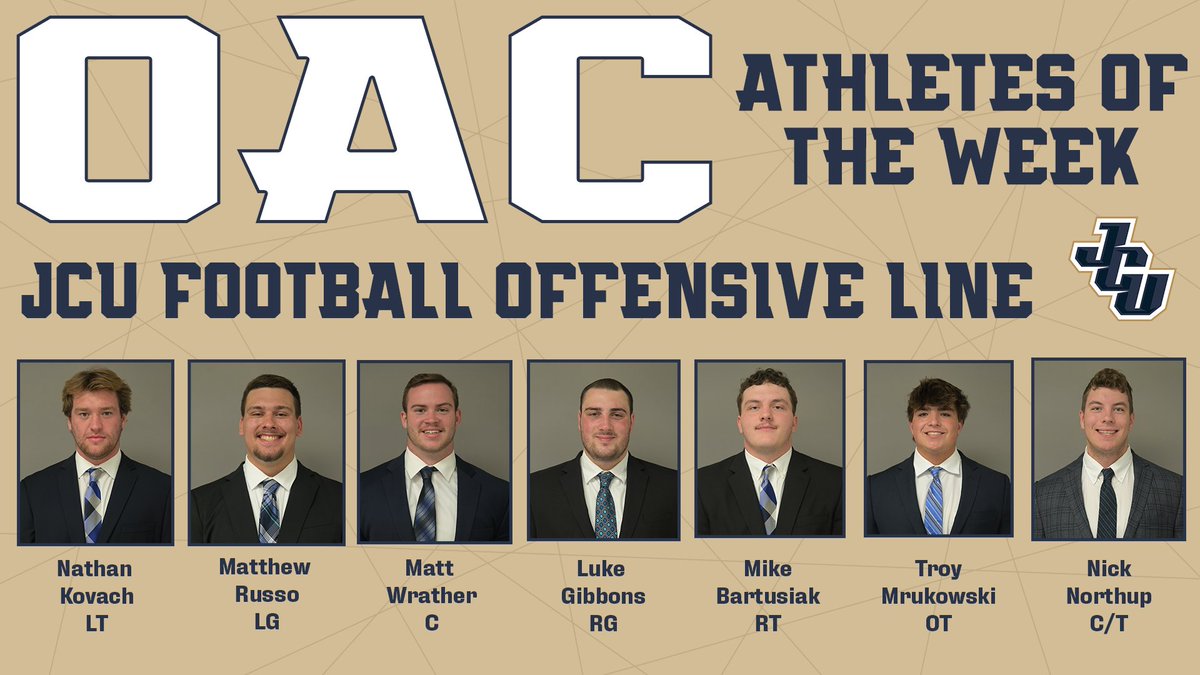 How often does an offensive line get recognition? This week, the @JCUFootball Offensive Line gets a deserved accolade as the OAC Athletes of the Week! JCU ranks T-2nd in NCAA D-III with just 2 sacks allowed this year 💪 📰 jcusports.com/news/2023/10/1… #OnwardOn ⚡️ @JCUFootball