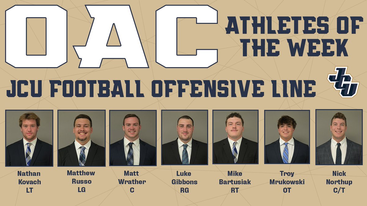 How often does an offensive line get recognition?

This week, the <a href="/JCUFootball/">John Carroll Football</a> Offensive Line gets a deserved accolade as the OAC Athletes of the Week! JCU ranks T-2nd in NCAA D-III with just 2 sacks allowed this year 💪

📰 jcusports.com/news/2023/10/1…
#OnwardOn ⚡️ <a href="/JCUFootball/">John Carroll Football</a>
