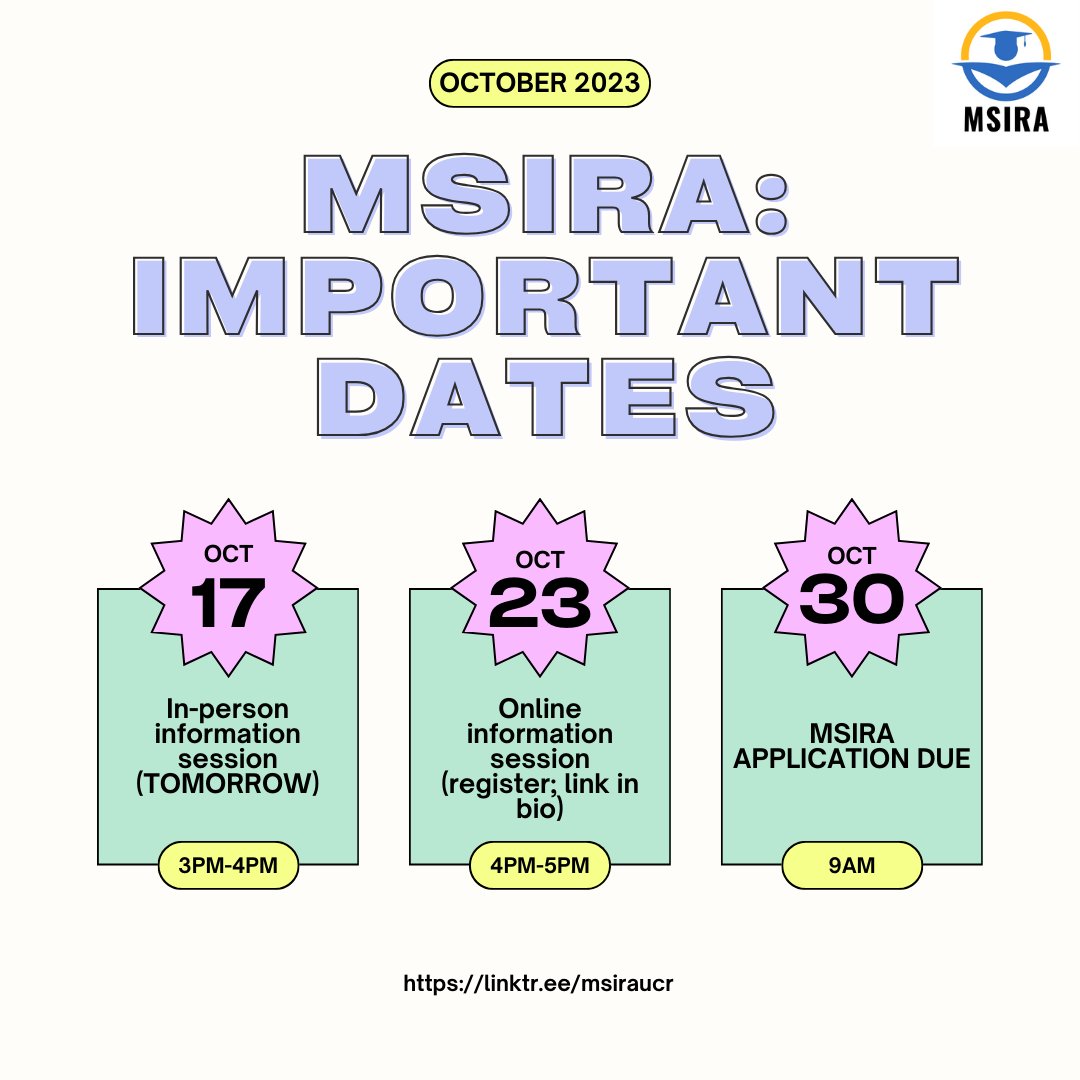 Important dates to keep in mind! REMINDER: The in-person information session will be held tomorrow in Watkins Hall, room 2145 (second floor), at 3PM.