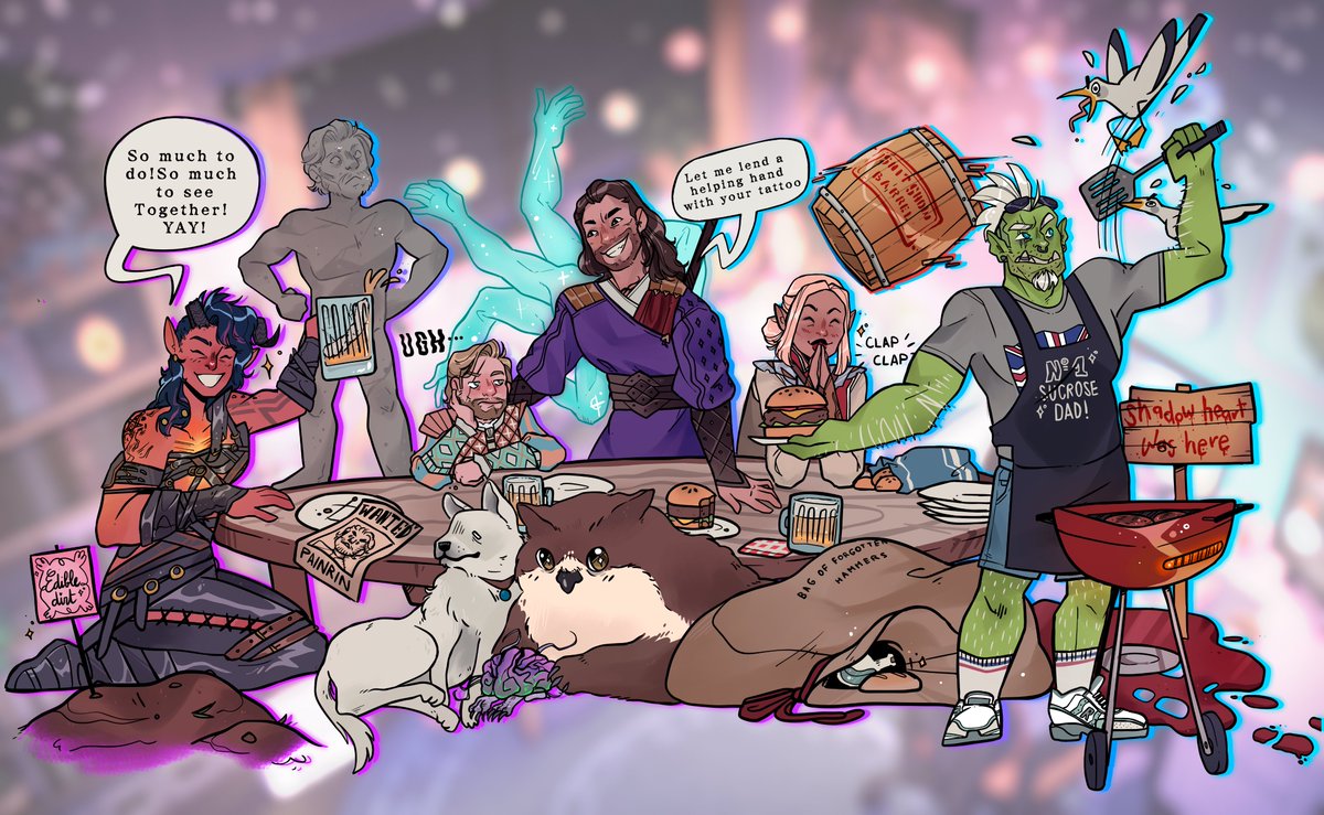 Rico_The_Orc's tweet photo. Dear @TaliesinEvitel , our best and beloved  BRILLIANT IDIOTS💖who forgets hammers in their camp... This is my little gift to you in honor of your epic and unforgettable first Bald ur "s Gate ω playthrough!

Amazing art done by my great friend @Amin_lefi_ https://t.co/5FClTpzpt8