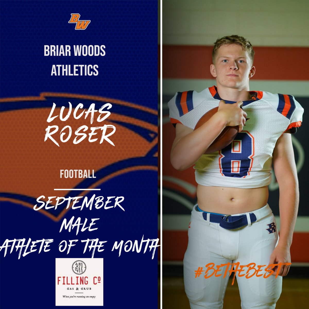 Lucas Roser is our Male Athlete of the Month for September.  He leads the team in tackles on defense and plays offense as well.  Coach Burnett says Lucas plays almost every snap with tremendous passion and enthusiasm and is one of the main reasons for the team's success.