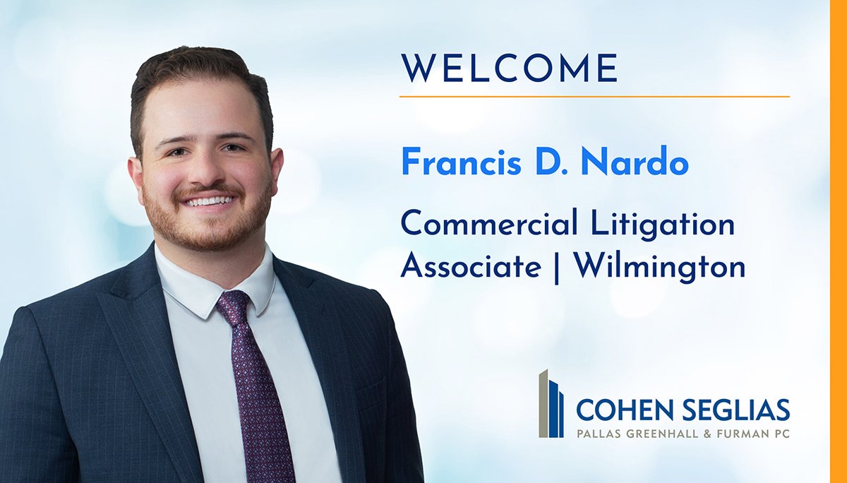 Please join us in welcoming Francis Nardo to our Wilmington office! As an associate in our #CommercialLitigation Group, he represents corporations in litigation and business disputes, including those involving insurance coverage issues. Welcome, Frankie! bit.ly/3Qe2yuV