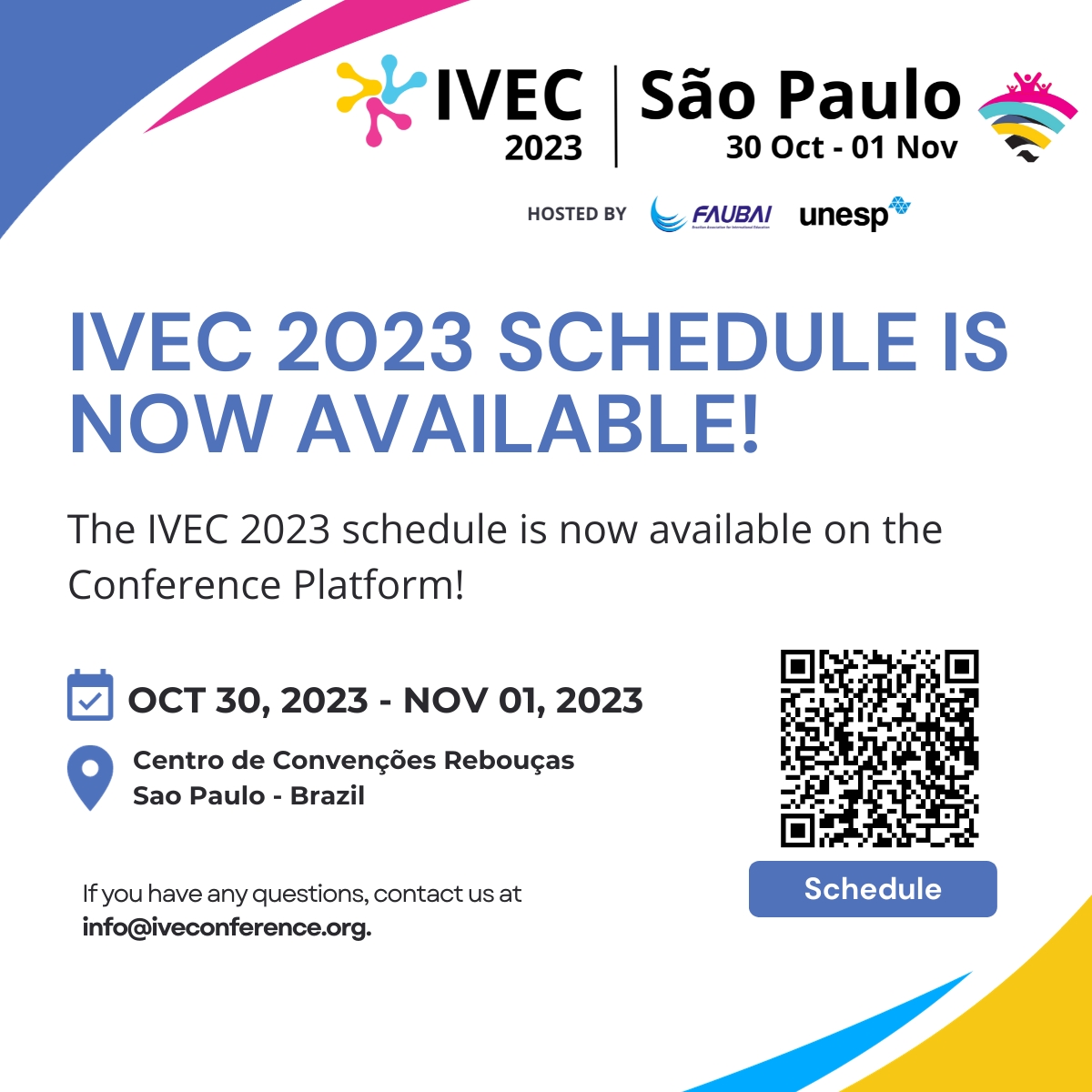 We are happy to inform you that the IVEC 2023 schedule is now available for the conference attendees at shorturl.at/cwPRW. You can already access the full line-up of sessions and activities. 
➡️In order to access it, please log in using your username and password.