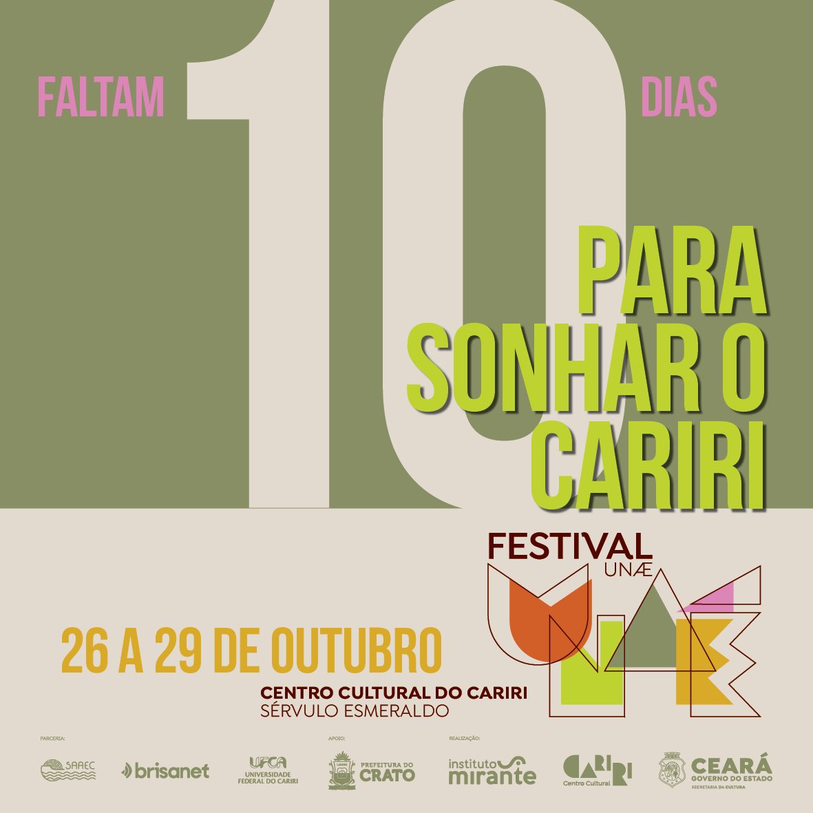 CCCariri's tweet photo. 1, 2, 3… JÁ 🤩 Contagem regressiva iniciada!

Faltam 10 dias para mergulharmos juntos no sonho do Cariri! 🎭🎶✨ Se organiza aí, chama todo mundo que vai ser lindo demais! 

✨ Se liga nas datas do Festival Unaé: 26 a 29 de outubro/2023

#FestivalUnaé https://t.co/lsJLDmOoan