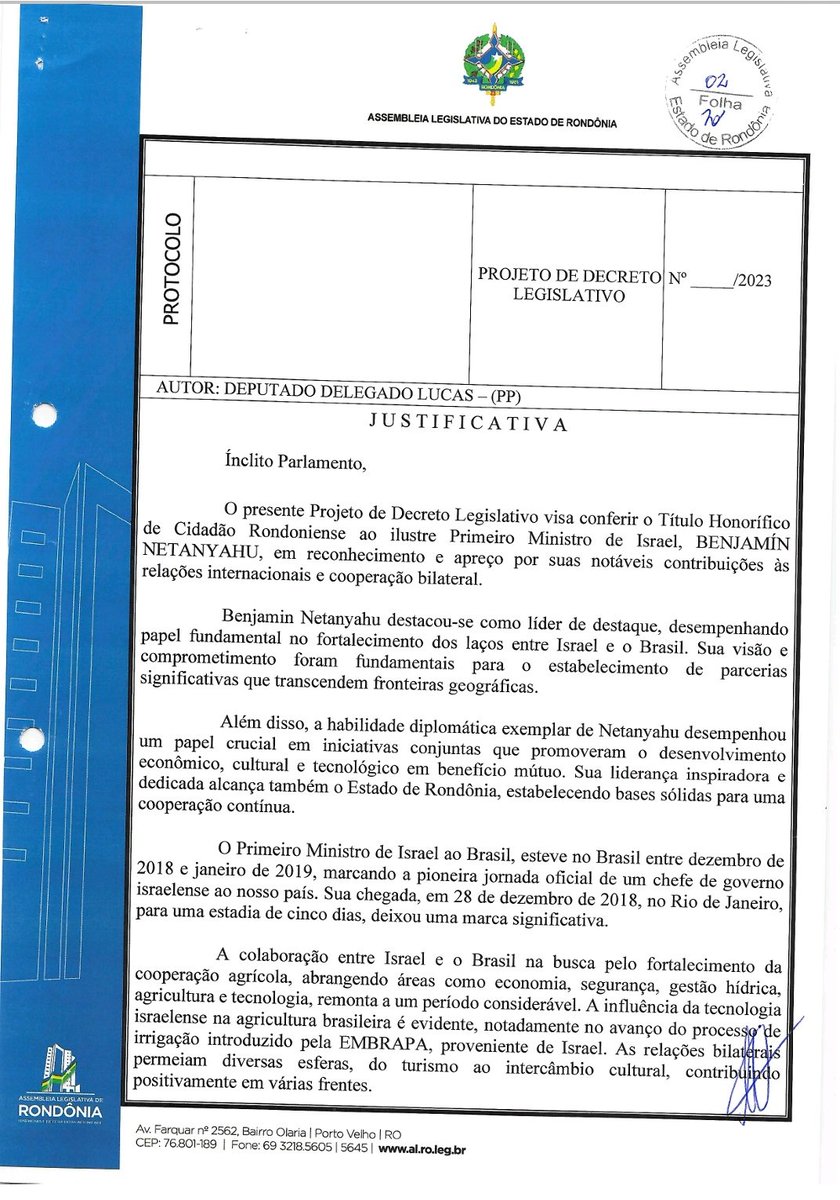 brunofln's tweet photo. Fiquei curioso e fui pesquisar o Projeto de Decreto Legislativo que concedeu o título honorífico de cidadão honorário do Estado de Rondônia ao 1° Ministro de Israel Benjamin Netanyahu. Segue a íntegra da Projeto de autoria do Deputado Estadual Delegado Lucas (PP). Leiam... https://t.co/rKMuf714d5