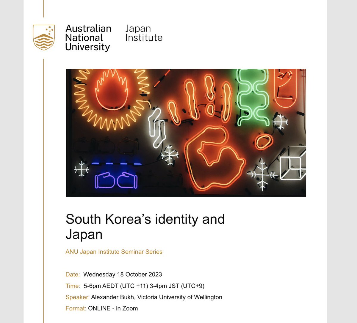 Join us tomorrow (Wednesday) at 5pm (AEST) for a seminar on Korea-Japan relations by Assoc. Prof. Alexander Bukh! Register here: asiapacific.anu.edu.au/event/south-ko…