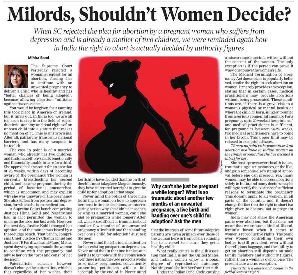My article in the Times of India on the Supreme Court’s refusal to permit abortion, and the glib assertion that the Indian legal position on this is a liberal, pro-choice one. Nothing could be further from the truth.