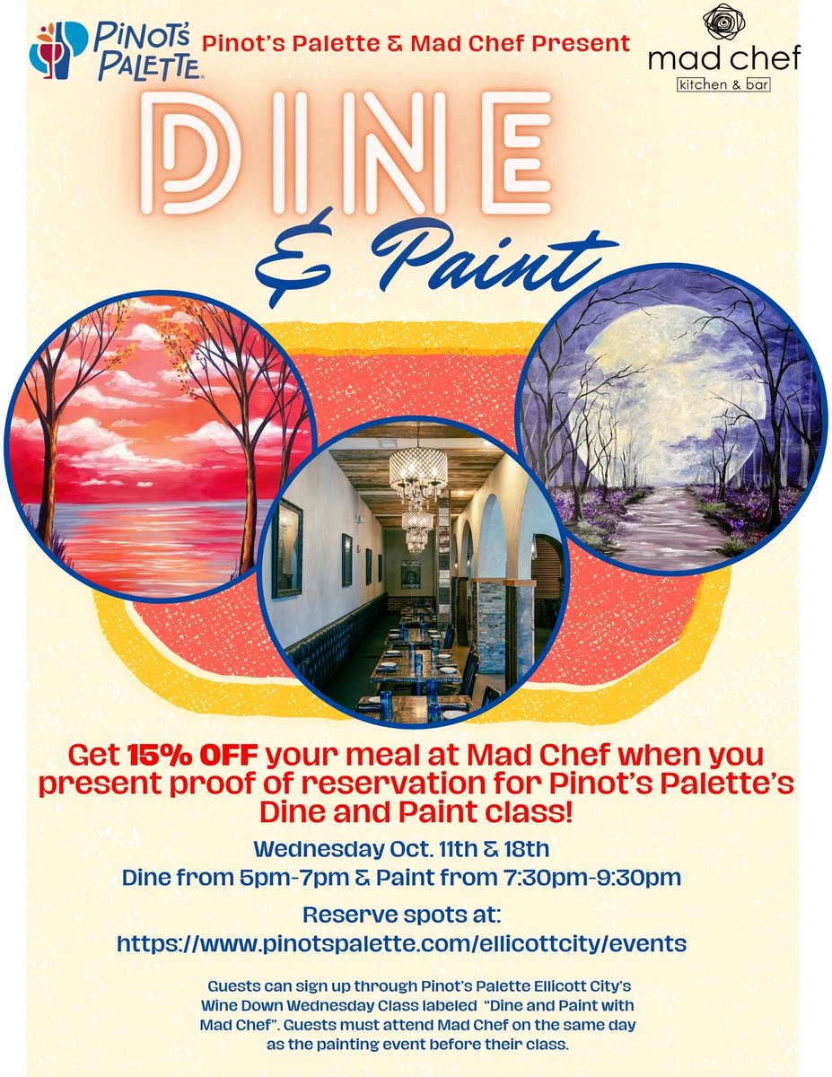 PinotEllicott's tweet photo. Grab a bite before your paint night! We've collabed with Mad Chef to give you a night of fun including dinner and a paint class. The first Dine and Paint night is October 11th. Don't miss this amazing opportunity. 📷📷
https://t.co/dcVSpmd2Lh
#pinotspalette #Madchef #dineandpaint https://t.co/rxhDl2UDrj