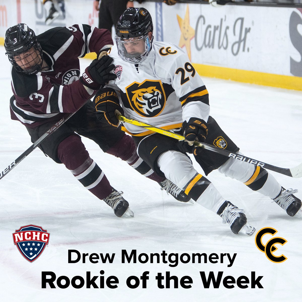 He led the team with four points (2g,2a) in the season-opening sweep over Union College. His first career goal on Friday was also the game-winner. Freshman Drew Montgomery is the <a href="/TheNCHC/">The NCHC</a> Rookie of the Week!!

#CCTigers