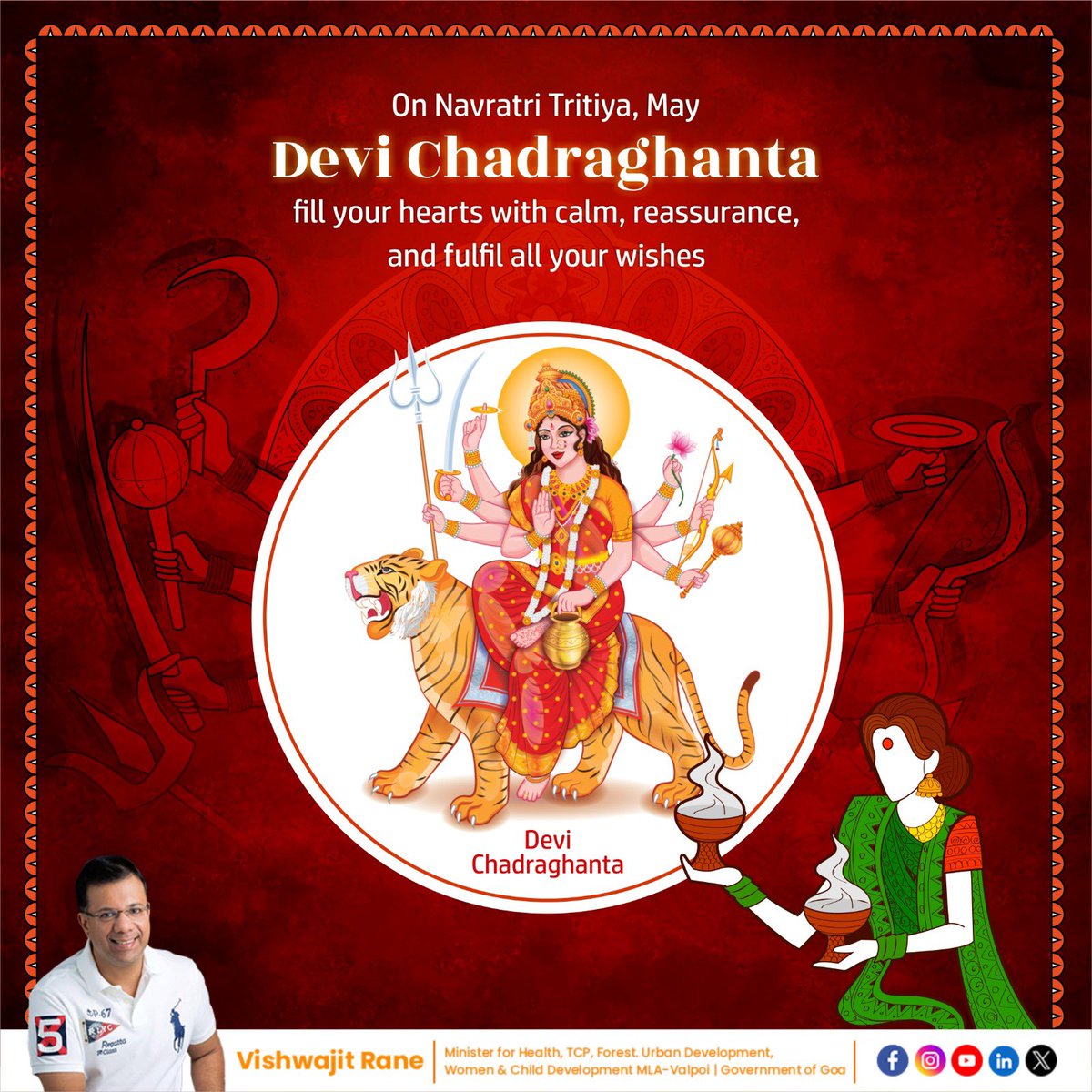 visrane's tweet photo. On auspicious Navratri Tritiya, I pray to Devi Chandraghanta to bless us all with a sense of reassurance, hope, and surrender for a truly meaningful life. Soak in Her love and blessings. Happy Navratri!
#Navratri
#DeviChandraghanta
#Shakti https://t.co/scPTwUWhvK