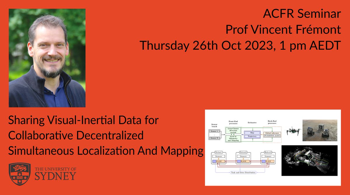 Excited to announce our next ACFR seminar speakers: on Thursday 26th Oct 1pm AEDT Prof Vincent Frémont from Ecole Centrale de Nantes will present Sharing Visual-Inertial Data for Collaborative Decentralized Simultaneous Localization And Mapping. Details: robotics.sydney.edu.au/seminar-sharin…