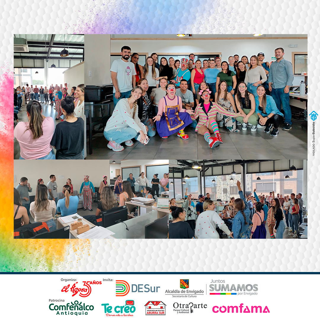 festiteatroenvi's tweet photo. #AsíVivimosElFestiteatro con los #ClownHospitalarios en la Sede de #DESur en Envigado. Mejorando el clima laboral,
El Festiteatro Envigado organizado por #ElÁgora con el apoyo de
@AlcaldiaEnv
#Desur
@AburraSur
@ComfenalcoAnt
#TeCreo
@susoelpaspi
#ParqueOtraparte
@Comfama https://t.co/iSfP3nTTQj