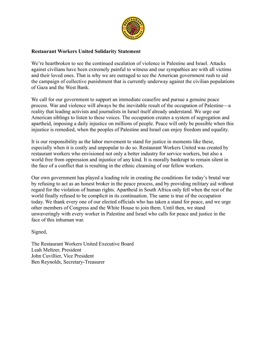 The RWU Executive Board has issued a solidarity statement on the ongoing conflict in Palestine and Israel calling for immediate U.S. action to move toward peace.