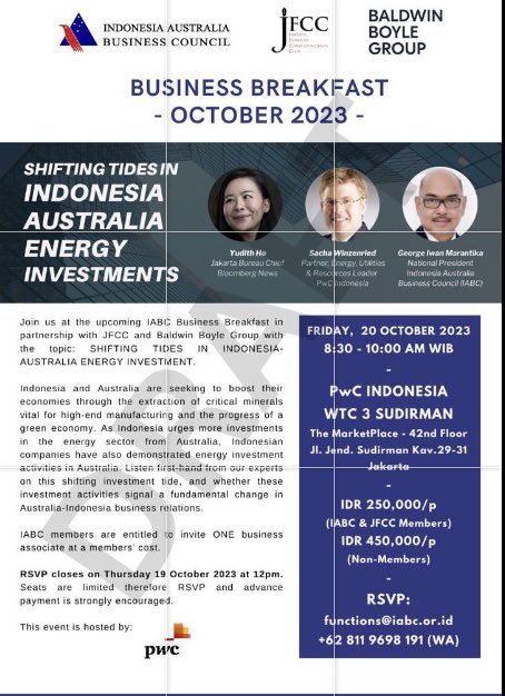 JFCC in Collaboration with IABC Business Breakfast “Shifting Tides in Indonesia Australia Energy Investment”