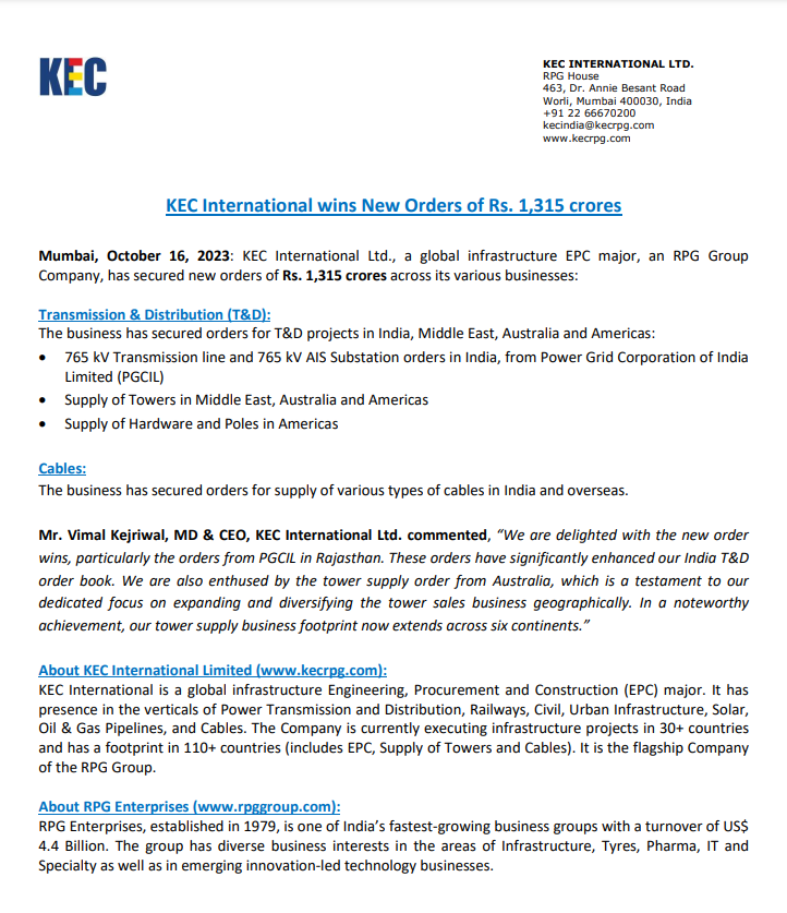 BE_Bazaar's tweet image. #StocksInFocus 

#RPGGroup की कंपनी #KECInternational को ₹1,315Cr के देशी-विदेशी ऑर्डर मिले

#StocksInNews #StocksToBuy #BSE #NSE #StockMarket #Bazaar #BharatExpressBazaar