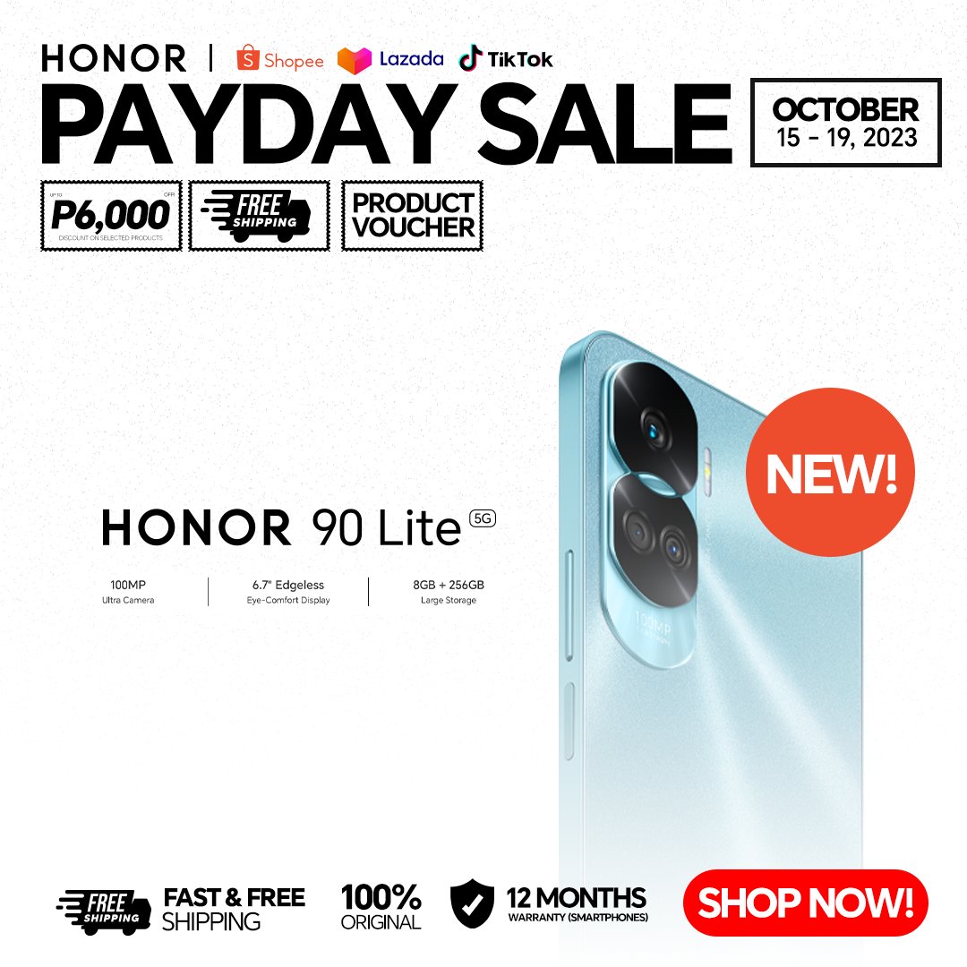 HONORPHL's tweet photo. #HONOR90Lite5G has a #100MPUltraCamera, 6.7" Edgeless Eye-Comfort Display, and 8GB+256GB #SuperStorage! Get yours this #HONORPayDaySale from Oct 15-19, 2023!

Shopee: https://t.co/mYbNiLWbwP 
Lazada: https://t.co/4vOFrC6IAD 
TikTok Shop: https://t.co/qn3xaQy1hx https://t.co/uEIUiIWNFt