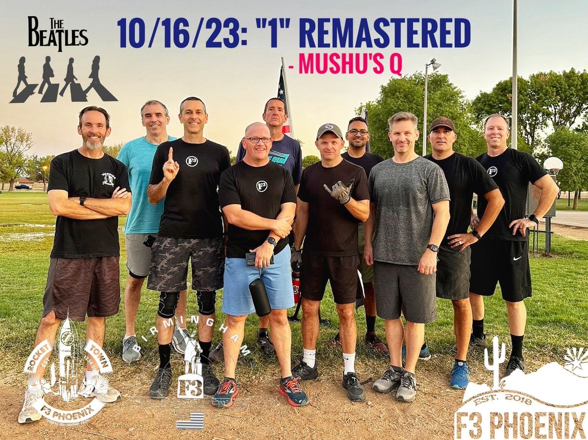 F3PhoenixAZ's tweet image. 10 Pax met in the Gloom to take part in a Beatles inspired beatdown. We welcomed Anonymous from @F3Birmingham Great having you join us!
@F3Nation #FitnessFellowshipFaith #BetterTogether